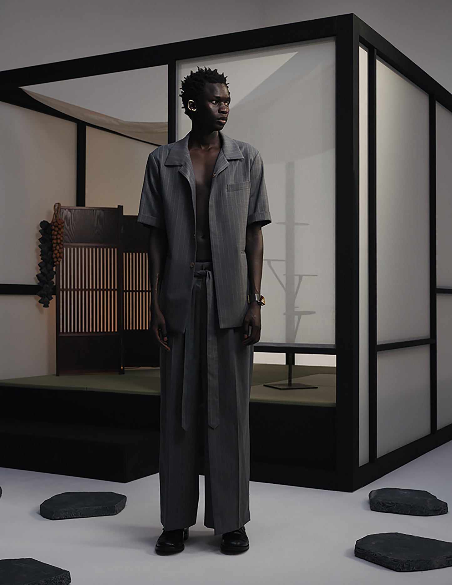 Short Sleeve Tailored Shirt Jacket (Gray Stripe)