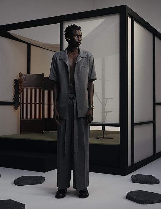 Short Sleeve Tailored Shirt Jacket (Gray Stripe)