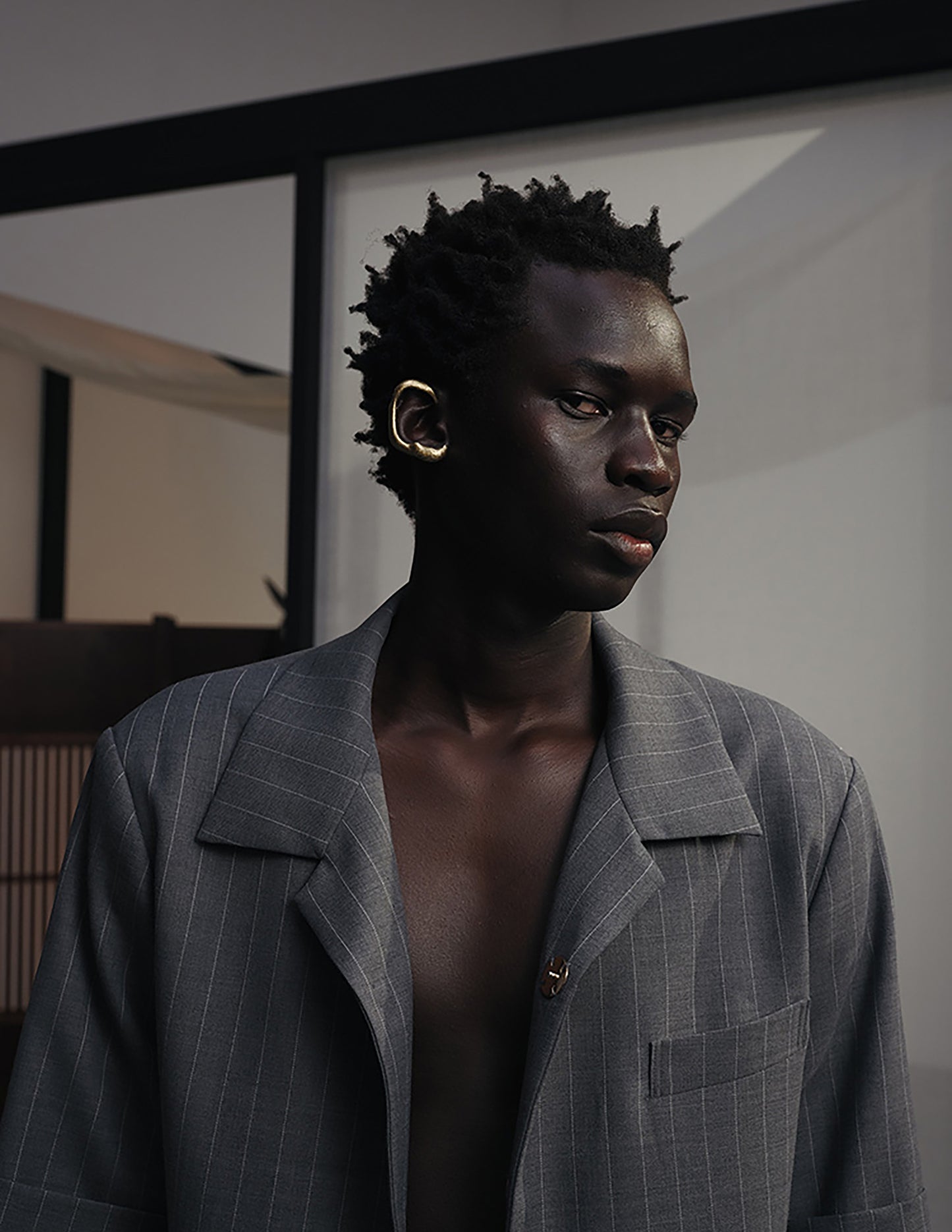 Short Sleeve Tailored Shirt Jacket (Gray Stripe)