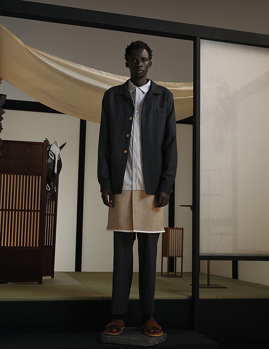 Long Sleeve Tailored Shirt Jacket (Black Stripe)